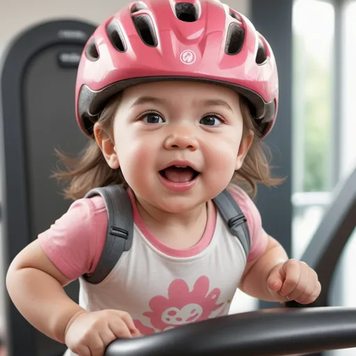 Prompt: Photorealistic image of a toddler girl running on a treadmill, wearing a bike helmet, chubby cheeks, bright and lively expression, soft and realistic skin texture, detailed running shoes, dynamic movement, authentic childlike energy, high-quality photorealism, detailed bike helmet, realistic treadmill, vibrant and natural lighting, realistic color tones, genuine and lifelike, authentic motion blur, detailed facial features, professional rendering, photorealistic style, natural and vibrant colors, adorable and cheerful atmosphere, realistic and immersive