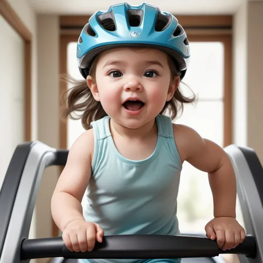 Prompt: Photorealistic image of a toddler girl running on a treadmill, wearing a bike helmet, chubby cheeks, bright and lively expression, soft and realistic skin texture, detailed running shoes, dynamic movement, authentic childlike energy, high-quality photorealism, detailed bike helmet, realistic treadmill, vibrant and natural lighting, realistic color tones, genuine and lifelike, authentic motion blur, detailed facial features, professional rendering, photorealistic style, natural and vibrant colors, adorable and cheerful atmosphere, realistic and immersive