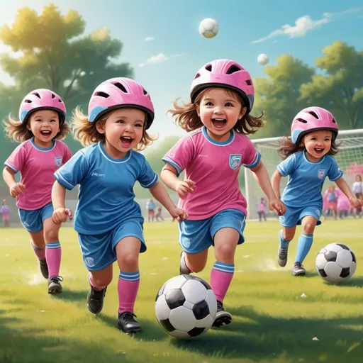 Prompt: Realistic illustration of toddler girls playing soccer, all wearing bike helmets, pink and blue teams, girls running and chasing the ball, one kicking the ball, goalkeeper girl, high quality, realistic style, playful atmosphere, vibrant colors, detailed uniforms and helmets, action-packed scene, outdoor setting, sunny lighting, joyful expressions