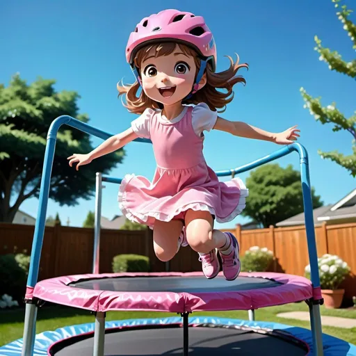 Prompt: Anime-style illustration of a little girl jumping on a trampoline, wearing a pink bike helmet and a blue dress, vibrant backyard setting, detailed fabric folds, joyful expression, mid-air pose, soft and natural lighting, high-quality, anime, vibrant colors, detailed clothing, joyful, backyard setting, dynamic pose, professional, soft lighting