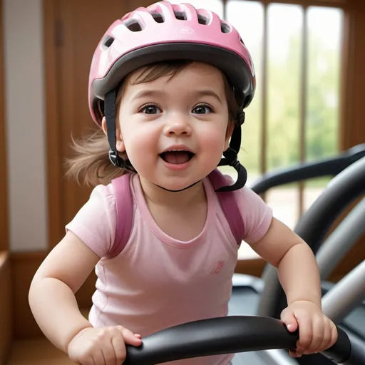 Prompt: Photorealistic image of a toddler girl running on a treadmill, wearing a bike helmet, chubby cheeks, bright and lively expression, soft and realistic skin texture, detailed running shoes, dynamic movement, authentic childlike energy, high-quality photorealism, detailed bike helmet, realistic treadmill, vibrant and natural lighting, realistic color tones, genuine and lifelike, authentic motion blur, detailed facial features, professional rendering, photorealistic style, natural and vibrant colors, adorable and cheerful atmosphere, realistic and immersive