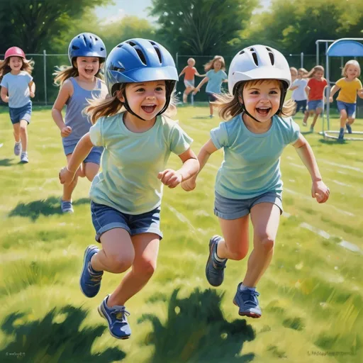 Prompt: Realistic painting of two young girls sprinting, preschool sports day, bike helmets, playful expressions, sunny outdoor setting, detailed grass and playground, high quality, realistic, preschool sports day, playful sprinting, bike helmets, sunny outdoor, detailed grass, detailed playground, realistic style, natural lighting