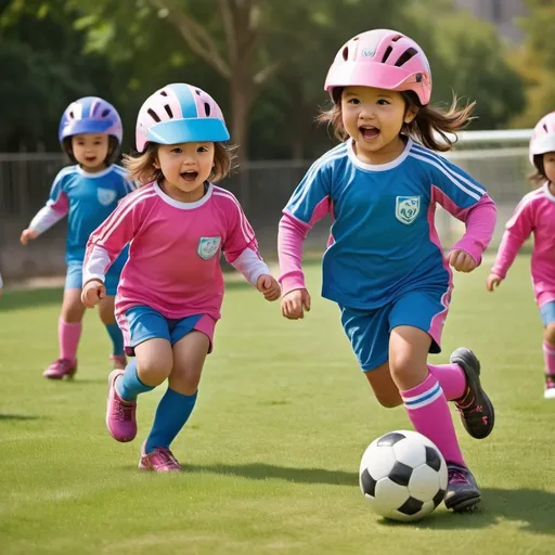 Prompt: Little toddler girls playing soccer in bike helmets, wearing soccer uniforms, kids wearing bike helmets, two teams in pink and blue, running and chasing the ball, girl kicking the ball, girl as goalkeeper, advertising style, vibrant colors, dynamic action, high energy, playful atmosphere, detailed facial expressions, sunny outdoor setting, professional art, colorful, high quality, lively