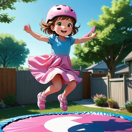 Prompt: Anime-style illustration of a little girl jumping on a trampoline, wearing a pink bike helmet and a blue dress, vibrant backyard setting, detailed fabric folds, joyful expression, mid-air pose, soft and natural lighting, high-quality, anime, vibrant colors, detailed clothing, joyful, backyard setting, dynamic pose, professional, soft lighting