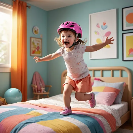 Prompt: Photorealistic illustration of a joyful toddler girl, bright and colorful, playful bedroom setting, realistic lighting and shadows, detailed facial features, soft and comfortable fabrics, high quality, photorealism, child jumping on the bed, bike helmet, carefree and playful, innocence and joy, authentic emotions, realistic textures, natural lighting, vibrant colors, detailed expression