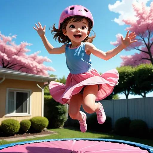 Prompt: Anime-style illustration of a little girl jumping on a trampoline, wearing a pink bike helmet and a blue dress, vibrant backyard setting, detailed fabric folds, joyful expression, mid-air pose, soft and natural lighting, high-quality, anime, vibrant colors, detailed clothing, joyful, backyard setting, dynamic pose, professional, soft lighting