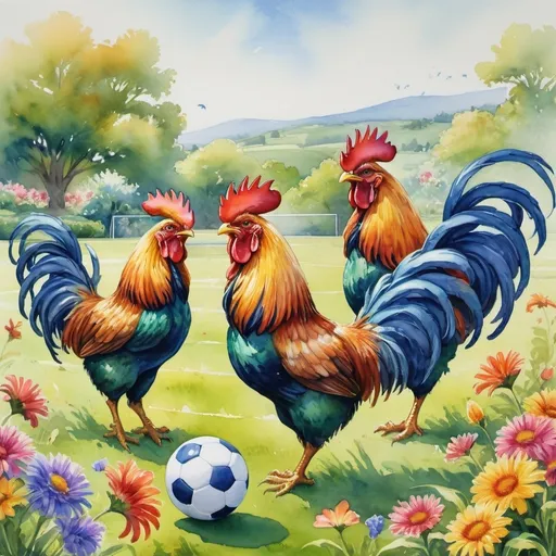 Prompt: (watercolor painting), a whimsical scene of (a group of vibrant roosters) joyfully playing soccer on a lush green field, feathers glistening in warm sunlight, dynamic poses capturing the excitement of the game, a bright blue sky in the background, surrounded by colorful flowers and grass, ultra-detailed, cheerful ambiance.