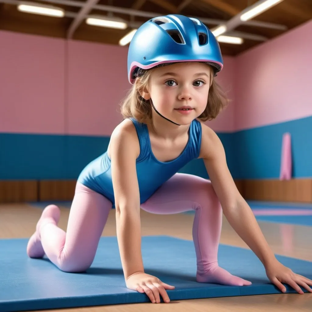 Prompt: Realistic illustration of a little girl in a blue leotard, wearing a pink bike helmet, practicing gymnastics in a bright gymnasium, detailed facial features, realistic lighting and shadows, high quality, realism, gymnastics, pink helmet, blue leotard, bright gymnasium, detailed facial features, professional, realistic lighting