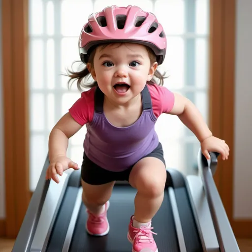 Prompt: Photorealistic image of a toddler girl running on a treadmill, wearing a bike helmet, chubby cheeks, bright and lively expression, soft and realistic skin texture, detailed running shoes, dynamic movement, authentic childlike energy, high-quality photorealism, detailed bike helmet, realistic treadmill, vibrant and natural lighting, realistic color tones, genuine and lifelike, authentic motion blur, detailed facial features, professional rendering, photorealistic style, natural and vibrant colors, adorable and cheerful atmosphere, realistic and immersive