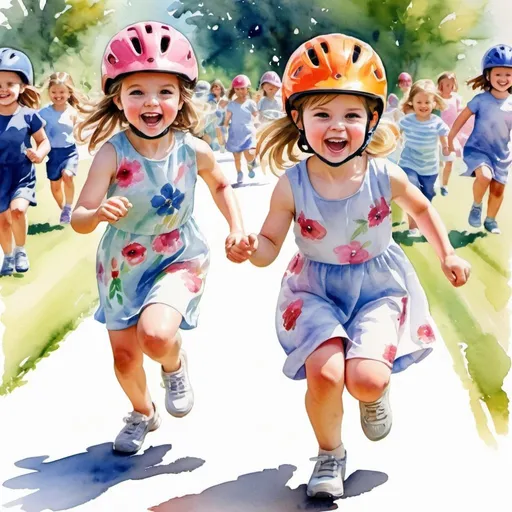 Prompt: Watercolor painting of two little girls sprinting at preschool sports day, wearing bike helmets, vibrant and playful colors, lively brushstrokes, joyful expressions, sunny outdoor setting, detailed floral patterns on dresses, high quality, watercolor painting, vibrant colors, playful mood, joyful expressions, outdoor setting, detailed patterns, preschool sports day