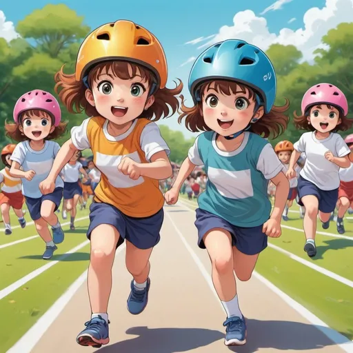 Prompt: Anime-style illustration of two little girls sprinting in a preschool sports day race, wearing bike helmets, joyful expression, vibrant colors, detailed eyes and hair, anime, preschool sports day, vibrant colors, joyful expression, sprinting, bike helmets, detailed eyes, detailed hair, high quality, anime style, vibrant lighting