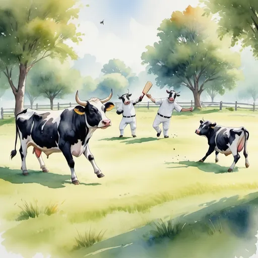 Prompt: (watercolor style) Cows playing cricket in a vibrant grassy meadow, udders swinging joyfully, some cows energetically fielding, one cow as a wicket keeper, another as a bowler, a cow expertly holding a cricket bat with its hooves, and a dog in a crisp black and white outfit acting as the umpire, all standing on their hind legs, creating a cheerful and playful atmosphere, with soft light filtering through the trees, ultra-detailed.