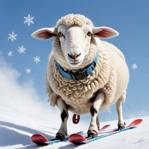 Prompt: (realism), a charming sheep skillfully skiing down a snow-covered slope, playful expression, wintertime scenery with sparkling snowflakes falling gently, bright blue sky overhead, gentle sunlight shimmering against the white backdrop, detailed textures on the sheep's wool and skis, ultra-detailed, vibrant, serene, capturing the essence of frosty fun in nature.