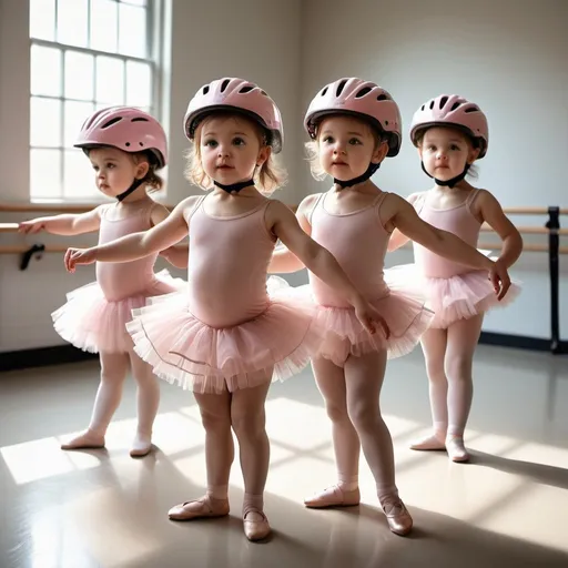 Prompt: Realism style image of toddler girls learning ballet, wearing bike helmets and tutus, each child wearing a bike helmet, dancing and moving gracefully, lined up in a ballet class, detailed facial expressions, realistic lighting and shadows, high quality, realistic style, ballet, toddler girls, bike helmets, tutus, detailed facial expressions, graceful movement, ballet class, realistic lighting, shadows, high quality