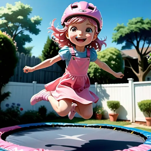 Prompt: Anime-style illustration of a little girl jumping on a trampoline, wearing a pink bike helmet and a blue dress, vibrant backyard setting, detailed fabric folds, joyful expression, mid-air pose, soft and natural lighting, high-quality, anime, vibrant colors, detailed clothing, joyful, backyard setting, dynamic pose, professional, soft lighting