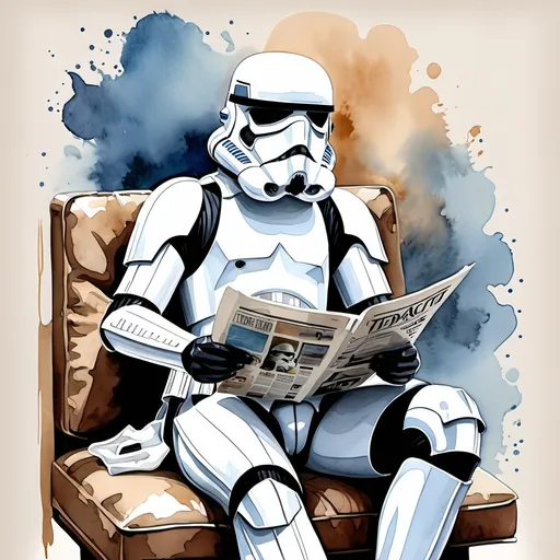 Prompt: (watercolor illustration), (Star Wars stormtrooper), casually seated, immersed in reading a newspaper, muted colors with soft blues and earthy tones, whimsical atmosphere, captivating and lighthearted vibe, simple abstract background, engaging details such as the newspaper's title featuring *Galactic News*, high-quality art, intricate brush strokes evident throughout, vibrant yet serene overall composition.