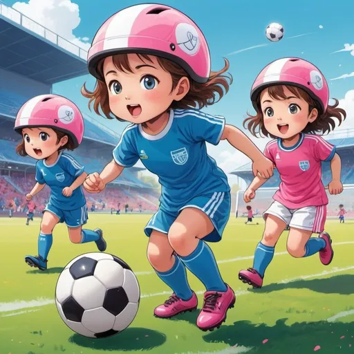 Prompt: Anime-style illustration of toddler girls playing soccer, wearing bike helmets and soccer uniforms, pink and blue teams, running and chasing the ball, one girl kicking the ball, goalkeeper girl, vibrant and energetic, high-quality, anime, sporty, playful, bright colors, dynamic poses, detailed bike helmets, cute design, lively atmosphere, natural lighting