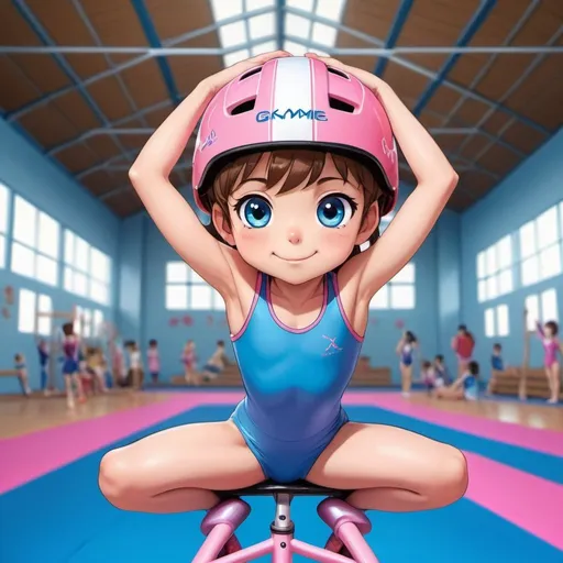 Prompt: Anime-style illustration of a little girl performing gymnastics, wearing a pink bike helmet and a blue leotard, dynamic gymnastics pose, detailed anime eyes, vibrant and energetic atmosphere, gymnasium setting with gymnastics equipment, high-quality, vibrant colors, anime, dynamic pose, pink bike helmet, blue leotard, gymnastics, energetic, detailed eyes, gymnasium setting, vibrant colors