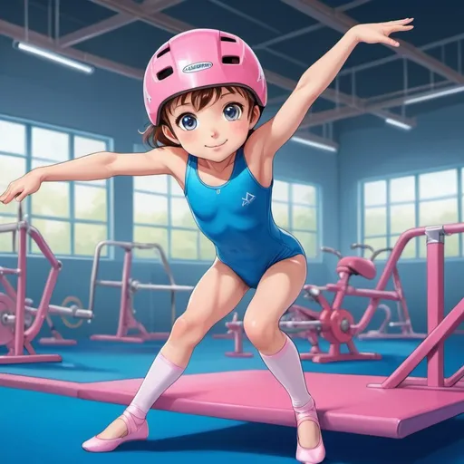 Prompt: Anime-style illustration of a little girl performing gymnastics, wearing a pink bike helmet and a blue leotard, dynamic gymnastics pose, detailed anime eyes, vibrant and energetic atmosphere, gymnasium setting with gymnastics equipment, high-quality, vibrant colors, anime, dynamic pose, pink bike helmet, blue leotard, gymnastics, energetic, detailed eyes, gymnasium setting, vibrant colors