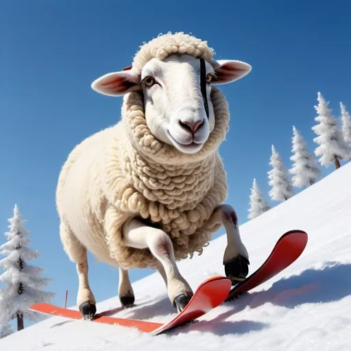 Prompt: (realism), a charming sheep skillfully skiing down a snow-covered slope, playful expression, wintertime scenery with sparkling snowflakes falling gently, bright blue sky overhead, gentle sunlight shimmering against the white backdrop, detailed textures on the sheep's wool and skis, ultra-detailed, vibrant, serene, capturing the essence of frosty fun in nature.