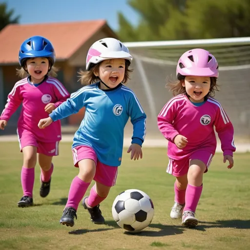 Prompt: Little toddler girls playing soccer in bike helmets, wearing soccer uniforms, kids wearing bike helmets, two teams in pink and blue, running and chasing the ball, girl kicking the ball, girl as goalkeeper, advertising style, vibrant colors, dynamic action, high energy, playful atmosphere, detailed facial expressions, sunny outdoor setting, professional art, colorful, high quality, lively