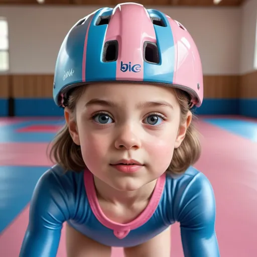 Prompt: Realistic illustration of a little girl in a blue leotard, wearing a pink bike helmet, practicing gymnastics in a bright gymnasium, detailed facial features, realistic lighting and shadows, high quality, realism, gymnastics, pink helmet, blue leotard, bright gymnasium, detailed facial features, professional, realistic lighting