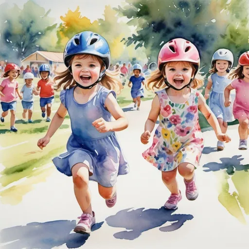 Prompt: Watercolor painting of two little girls sprinting at preschool sports day, wearing bike helmets, vibrant and playful colors, lively brushstrokes, joyful expressions, sunny outdoor setting, detailed floral patterns on dresses, high quality, watercolor painting, vibrant colors, playful mood, joyful expressions, outdoor setting, detailed patterns, preschool sports day