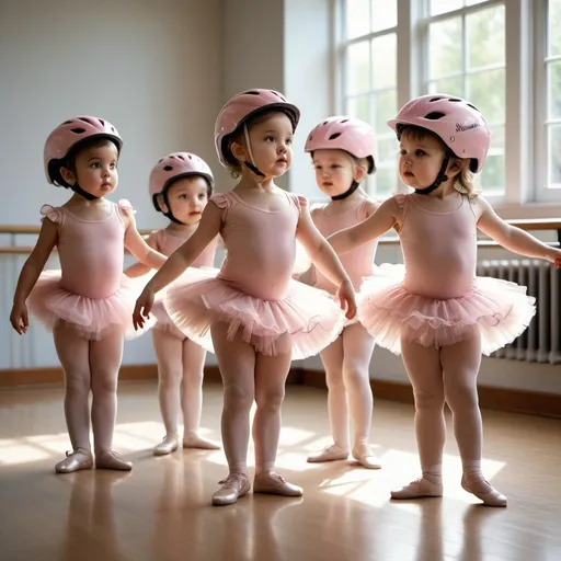 Prompt: Realism style image of toddler girls learning ballet, wearing bike helmets and tutus, each child wearing a bike helmet, dancing and moving gracefully, lined up in a ballet class, detailed facial expressions, realistic lighting and shadows, high quality, realistic style, ballet, toddler girls, bike helmets, tutus, detailed facial expressions, graceful movement, ballet class, realistic lighting, shadows, high quality