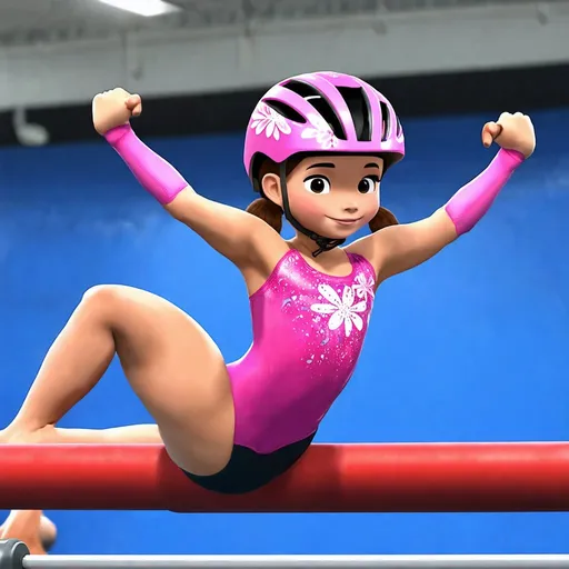 Prompt: A girl on bars (the gymnastics equipment) animated Wearing a pink flowery bike helmet 