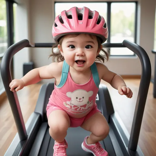 Prompt: Photorealistic image of a toddler girl running on a treadmill, wearing a bike helmet, chubby cheeks, bright and lively expression, soft and realistic skin texture, detailed running shoes, dynamic movement, authentic childlike energy, high-quality photorealism, detailed bike helmet, realistic treadmill, vibrant and natural lighting, realistic color tones, genuine and lifelike, authentic motion blur, detailed facial features, professional rendering, photorealistic style, natural and vibrant colors, adorable and cheerful atmosphere, realistic and immersive