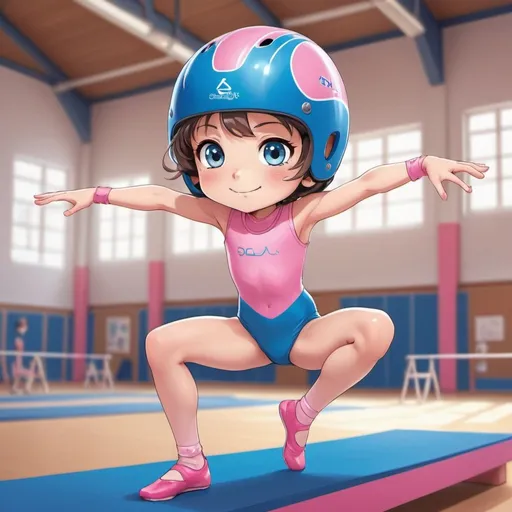 Prompt: Anime-style illustration of a little girl performing gymnastics, wearing a pink bike helmet and a blue leotard, dynamic gymnastics pose, detailed anime eyes, vibrant and energetic atmosphere, gymnasium setting with gymnastics equipment, high-quality, vibrant colors, anime, dynamic pose, pink bike helmet, blue leotard, gymnastics, energetic, detailed eyes, gymnasium setting, vibrant colors