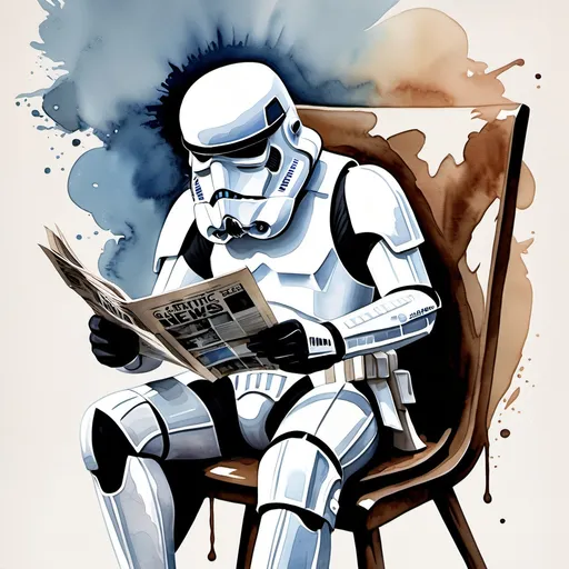 Prompt: (watercolor illustration), (Star Wars stormtrooper), casually seated, immersed in reading a newspaper, muted colors with soft blues and earthy tones, whimsical atmosphere, captivating and lighthearted vibe, simple abstract background, engaging details such as the newspaper's title featuring *Galactic News*, high-quality art, intricate brush strokes evident throughout, vibrant yet serene overall composition.