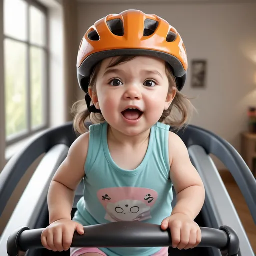 Prompt: Photorealistic image of a toddler girl running on a treadmill, wearing a bike helmet, chubby cheeks, bright and lively expression, soft and realistic skin texture, detailed running shoes, dynamic movement, authentic childlike energy, high-quality photorealism, detailed bike helmet, realistic treadmill, vibrant and natural lighting, realistic color tones, genuine and lifelike, authentic motion blur, detailed facial features, professional rendering, photorealistic style, natural and vibrant colors, adorable and cheerful atmosphere, realistic and immersive