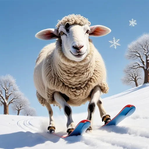 Prompt: (realism), a charming sheep skillfully skiing down a snow-covered slope, playful expression, wintertime scenery with sparkling snowflakes falling gently, bright blue sky overhead, gentle sunlight shimmering against the white backdrop, detailed textures on the sheep's wool and skis, ultra-detailed, vibrant, serene, capturing the essence of frosty fun in nature.