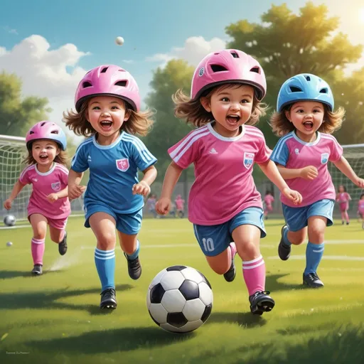 Prompt: Realistic illustration of toddler girls playing soccer, all wearing bike helmets, pink and blue teams, girls running and chasing the ball, one kicking the ball, goalkeeper girl, high quality, realistic style, playful atmosphere, vibrant colors, detailed uniforms and helmets, action-packed scene, outdoor setting, sunny lighting, joyful expressions