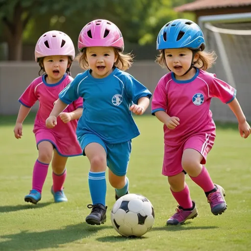 Prompt: Little toddler girls playing soccer in bike helmets, wearing soccer uniforms, kids wearing bike helmets, two teams in pink and blue, running and chasing the ball, girl kicking the ball, girl as goalkeeper, advertising style, vibrant colors, dynamic action, high energy, playful atmosphere, detailed facial expressions, sunny outdoor setting, professional art, colorful, high quality, lively