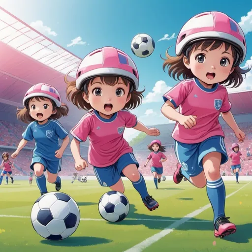 Prompt: Anime-style illustration of toddler girls playing soccer, wearing bike helmets and soccer uniforms, pink and blue teams, running and chasing the ball, one girl kicking the ball, goalkeeper girl, vibrant and energetic, high-quality, anime, sporty, playful, bright colors, dynamic poses, detailed bike helmets, cute design, lively atmosphere, natural lighting