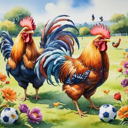 Prompt: (watercolor painting), a whimsical scene of (a group of vibrant roosters) joyfully playing soccer on a lush green field, feathers glistening in warm sunlight, dynamic poses capturing the excitement of the game, a bright blue sky in the background, surrounded by colorful flowers and grass, ultra-detailed, cheerful ambiance.