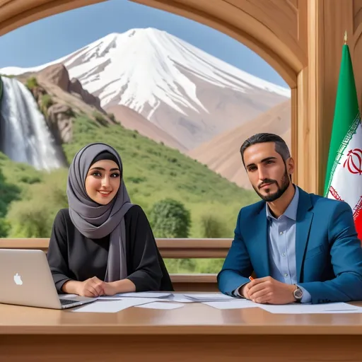 Prompt: A professional Hijab woman and one professional handsome man are seating front of the desk with laptop computers and paper plates and pens front of the very huge windo that has Iranian jungls with Damavand mountain and Mazandaran waterfalls and iranian’s culture and customs are existing