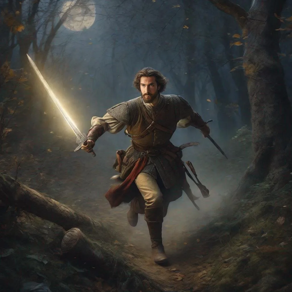 Prompt: hyper realistic image, medieval era, man running surprised by rogue ambush attack in the deep dark forest at starry night, detailed expression, detailed hands, detailed clothes, dust and fog, dagger and swords