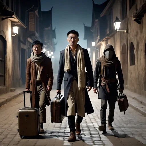 Prompt: shot from front wide view, a modern asian man look at behind frightened expression carrying suitcase is followed by three medieval assasin wearing ancient ragged scarf and holding ancient small dagger in a silent apocalypse city road, dark night, camera ultra focus on front