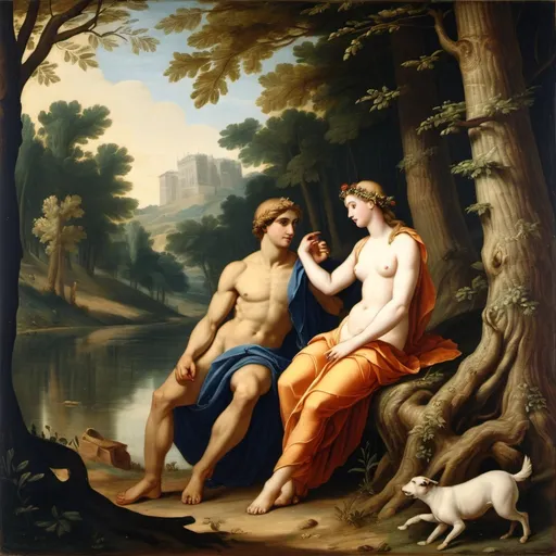 Prompt: Adonis and Aphrodit in the forest near the river .