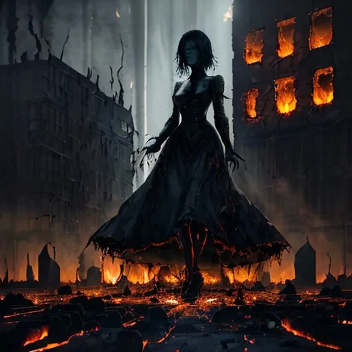 Prompt: Lady   in the middle of a BLOODY and  doomed town  full bulging varicose veins and dripping   blood with burning buildings  glowing in the darkness 

, a stunning masterpiece in <mymodel> groosume 

, neat and clear tangents full of positive  space 

, ominous dramatic lighting with detailed shadows and highlights enhancing depth of perspective and 3D volumetric drawing realistic feel 

, colorful vibrant painting in HDR