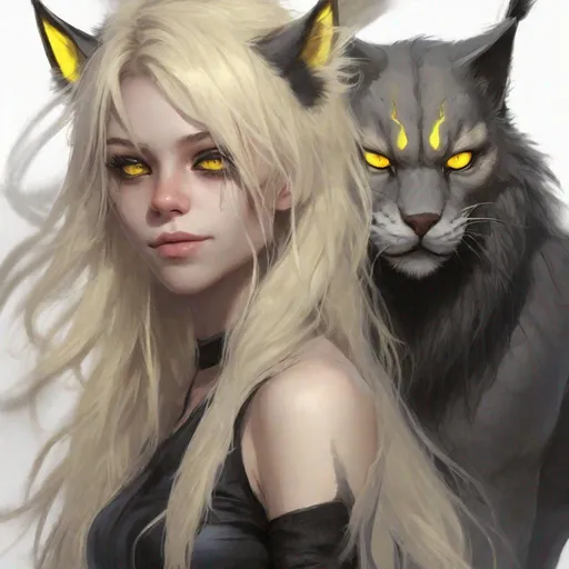 Prompt: full body pose , demon girl, black sclera, yellow demon cat eyes, big gray lynx ears, big (wide {blonde} {spiky} fluffy) extra very long hair, (fringeless), {blonde} hair, (no fringe), (forehead visible), pale skin, sharp jaw, hyperrealistic eyes, hyperrealistic nose, hyperrealistic lips, ethereal, divine, goddess, intricate facial details, intricate eye detail, black latex leotard suit, fighting pose, attack