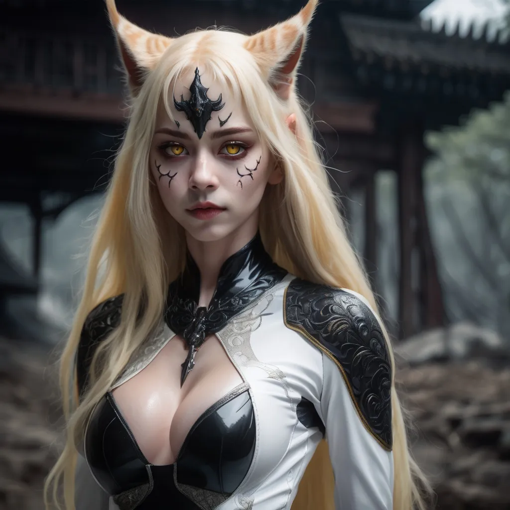 Prompt: full body pose , demon girl, black sclera, yellow demon cat eyes, big gray lynx ears, big (wide {blonde} {spiky} fluffy) extra very long hair, (fringeless), {blonde} hair, (no fringe), (forehead visible), pale skin, sharp jaw, hyperrealistic eyes, hyperrealistic nose, hyperrealistic lips, ethereal, divine, goddess, intricate facial details, intricate eye detail, black latex leotard suit, fighting pose, attack