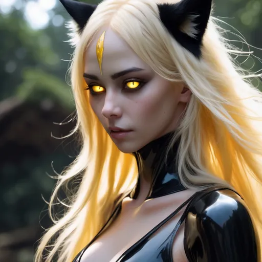 Prompt: full body pose , demon girl, black sclera, yellow demon cat eyes, big gray lynx ears, big (wide {blonde} {spiky} fluffy) extra very long hair, (fringeless), {blonde} hair, (no fringe), (forehead visible), pale skin, sharp jaw, hyperrealistic eyes, hyperrealistic nose, hyperrealistic lips, ethereal, divine, goddess, intricate facial details, intricate eye detail, black latex leotard suit, fighting pose, attack