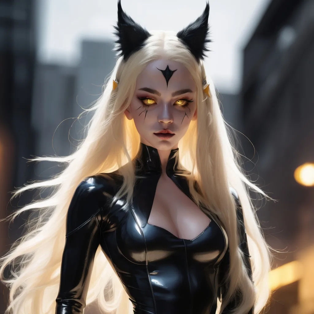 Prompt: full body pose , demon girl, black sclera, yellow demon cat eyes, big gray lynx ears, big (wide {blonde} {spiky} fluffy) extra very long hair, (fringeless), {blonde} hair, (no fringe), (forehead visible), pale skin, sharp jaw, hyperrealistic eyes, hyperrealistic nose, hyperrealistic lips, ethereal, divine, goddess, intricate facial details, intricate eye detail, black latex leotard suit, fighting pose, attack