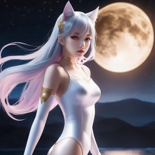 Prompt: A beautiful anime girl, full body pose, {gray lynx ears and hair}, fighting pose, very long light white to indigo ombre hair, {GOLDEN cat eyes}, white latex leotard, white long boots, no fringe, white garter on a leg, forehead pink tattoo with a moon, VERY LONG HAIR, hyperrealistic nose, hyperrealistic lips, ethereal, (NO FRINGE), (NO BANGS), (FRINGELESS), (BARE FOREHEAD)