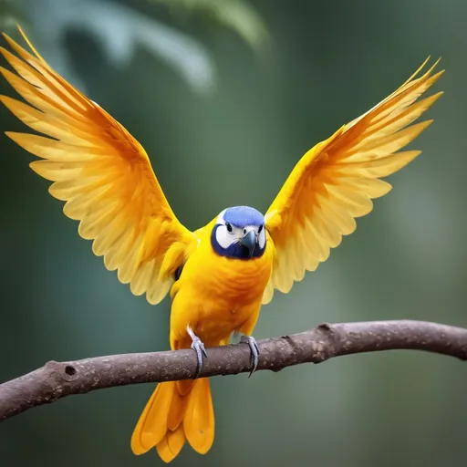 Prompt: beautifull colorfull bird, mainly yellow, with wing spread, sitting on a brench
