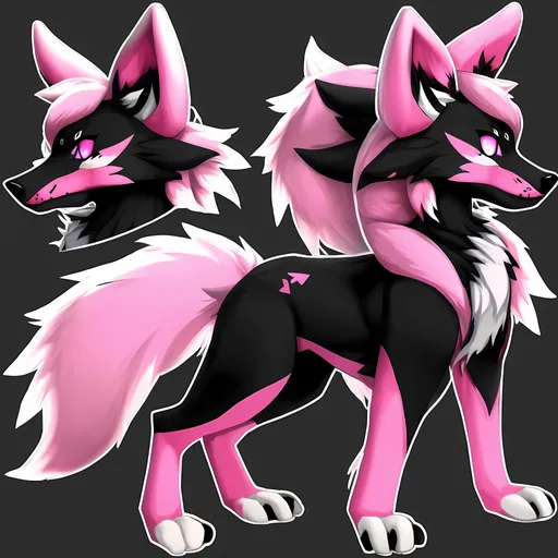 Prompt: pink and black wolf kitsune hybrid fursuit